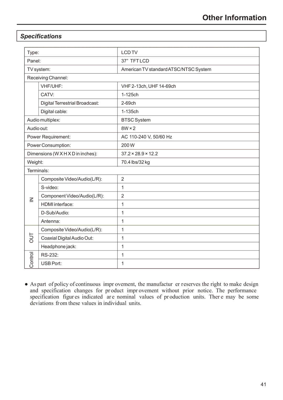 Audiovox FPE3706 operation manual Specifications, Catv 