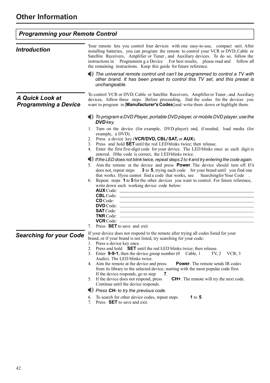 Audiovox FPE3706 Programming your Remote Control, Quick Look at Programming a Device Searching for your Code 