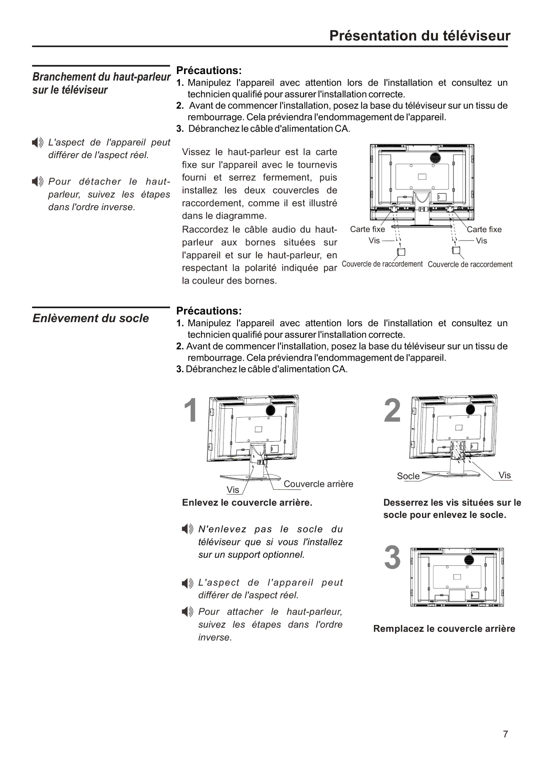 Audiovox FPE3706 Enlèvement du socle, La couleur des bornes, Enlevez le couvercle arrière, Socle pour enlevez le socle 