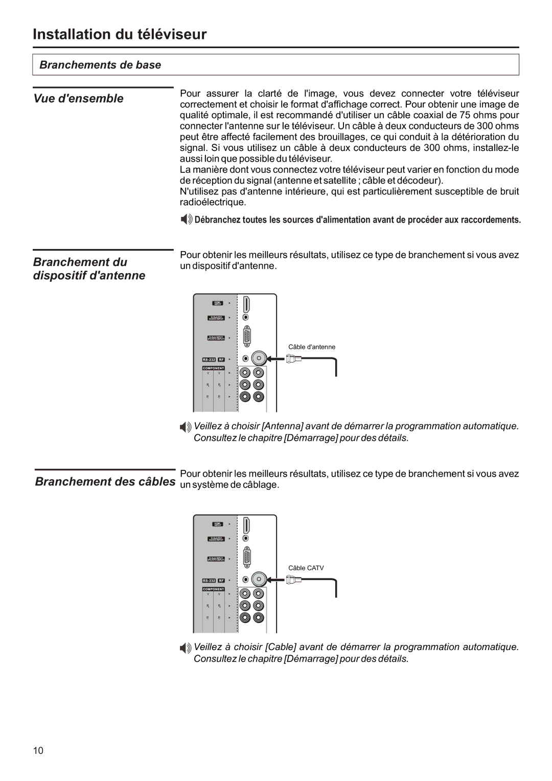 Audiovox FPE3706 operation manual Installation du téléviseur, Vue densemble, Branchement du dispositif dantenne 