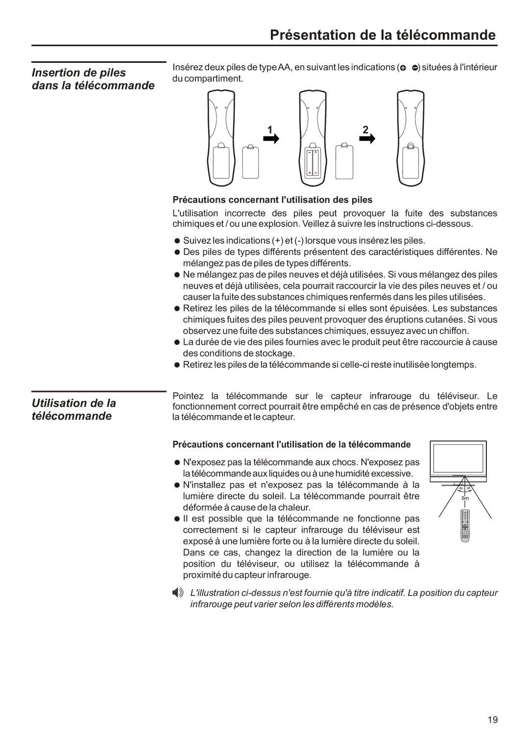 Audiovox FPE3706 operation manual Présentation de la télécommande, Précautions concernant lutilisation des piles 