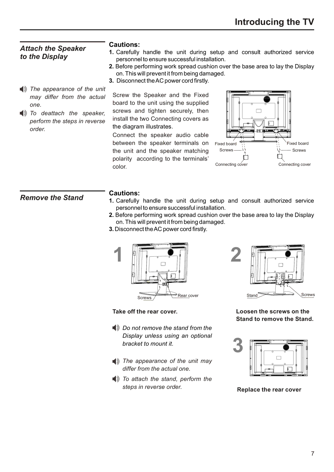 Audiovox FPE3706 Attach the Speaker to the Display, Remove the Stand, Take off the rear cover, Replace the rear cover 