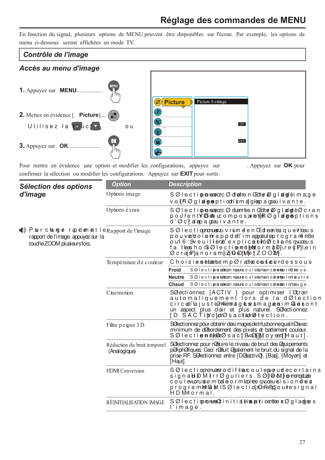 Audiovox FPE3706 Réglage des commandes de Menu, Contrôle de limage Accès au menu dimage, Sélection des options, Dimage 