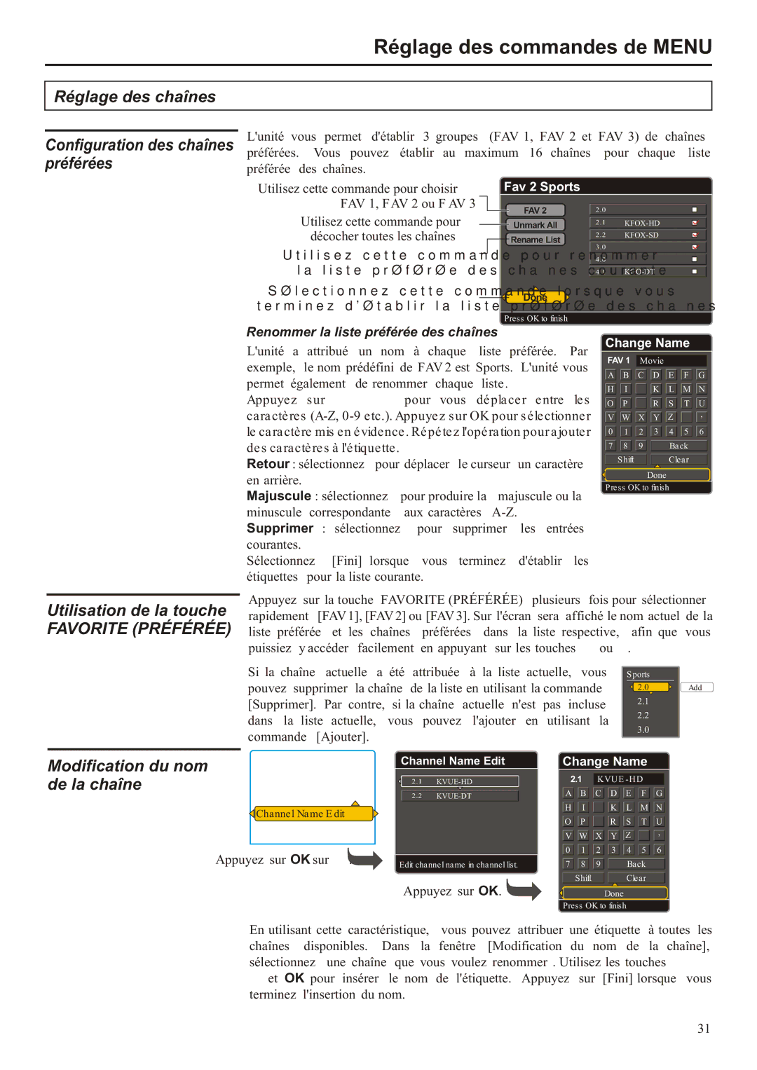 Audiovox FPE3706 operation manual Modification du nom de la chaîne 