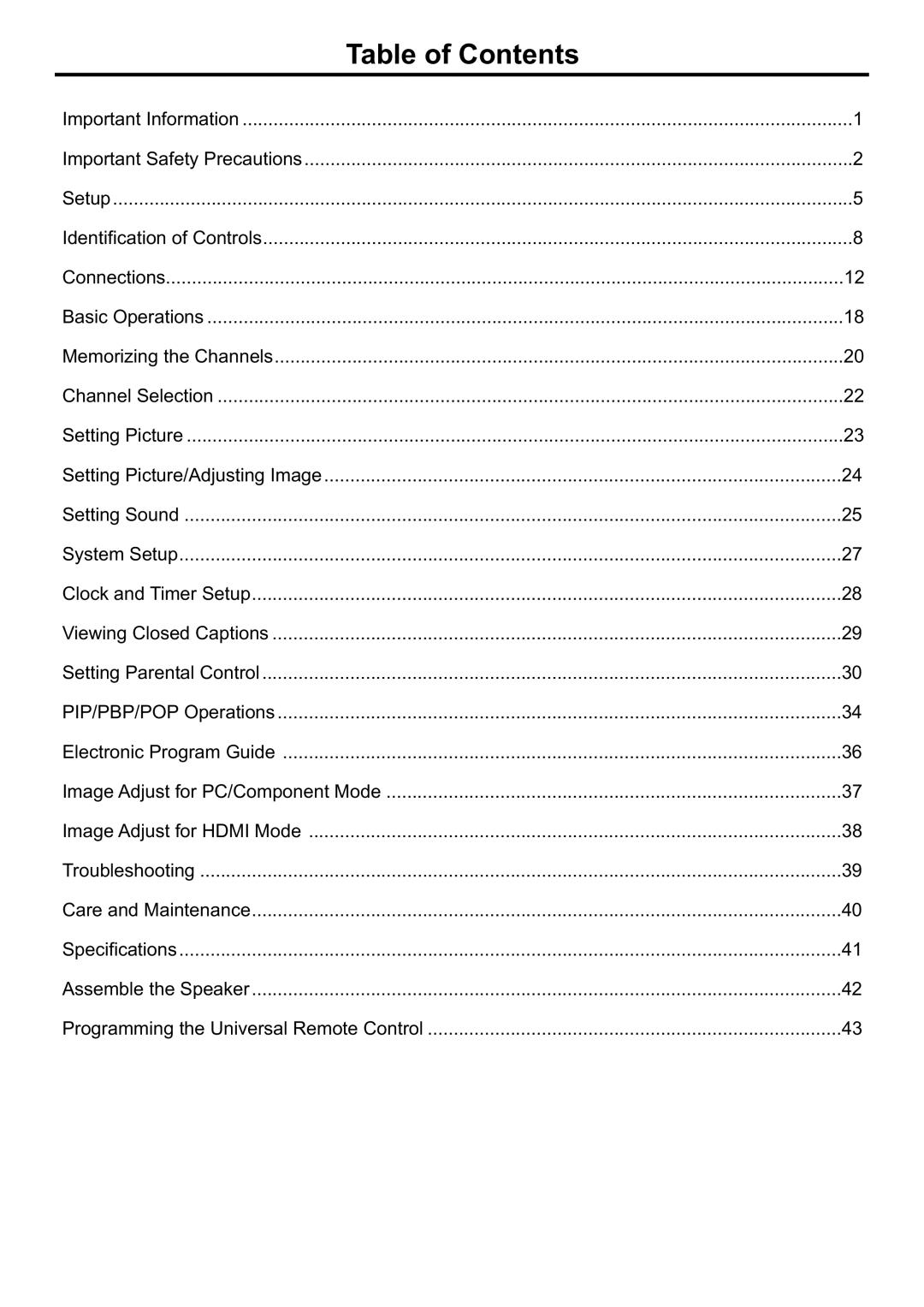 Audiovox FPE3707HR manual Table of Contents 