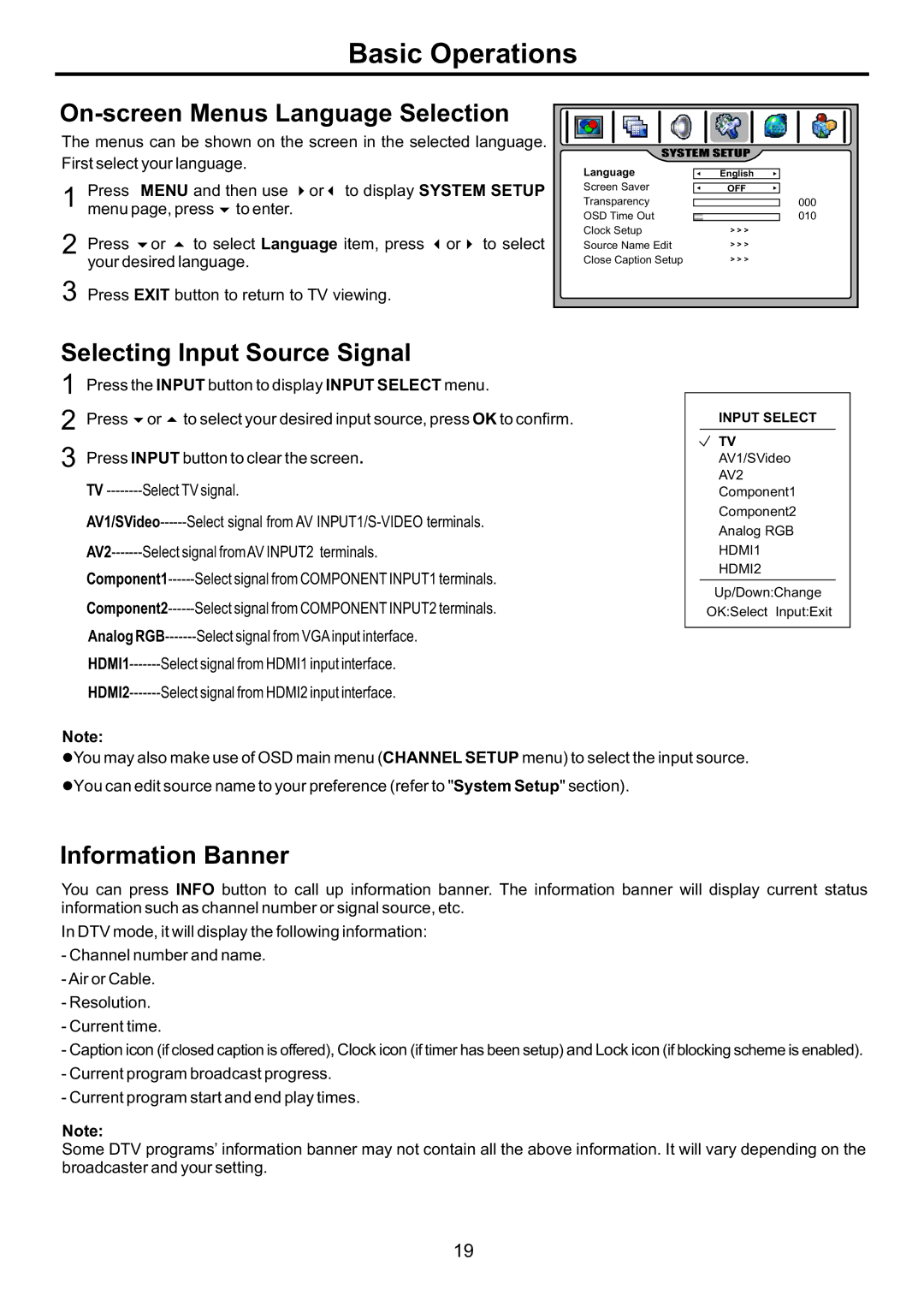 Audiovox FPE3707HR manual On-screen Menus Language Selection, Selecting Input Source Signal, Information Banner 