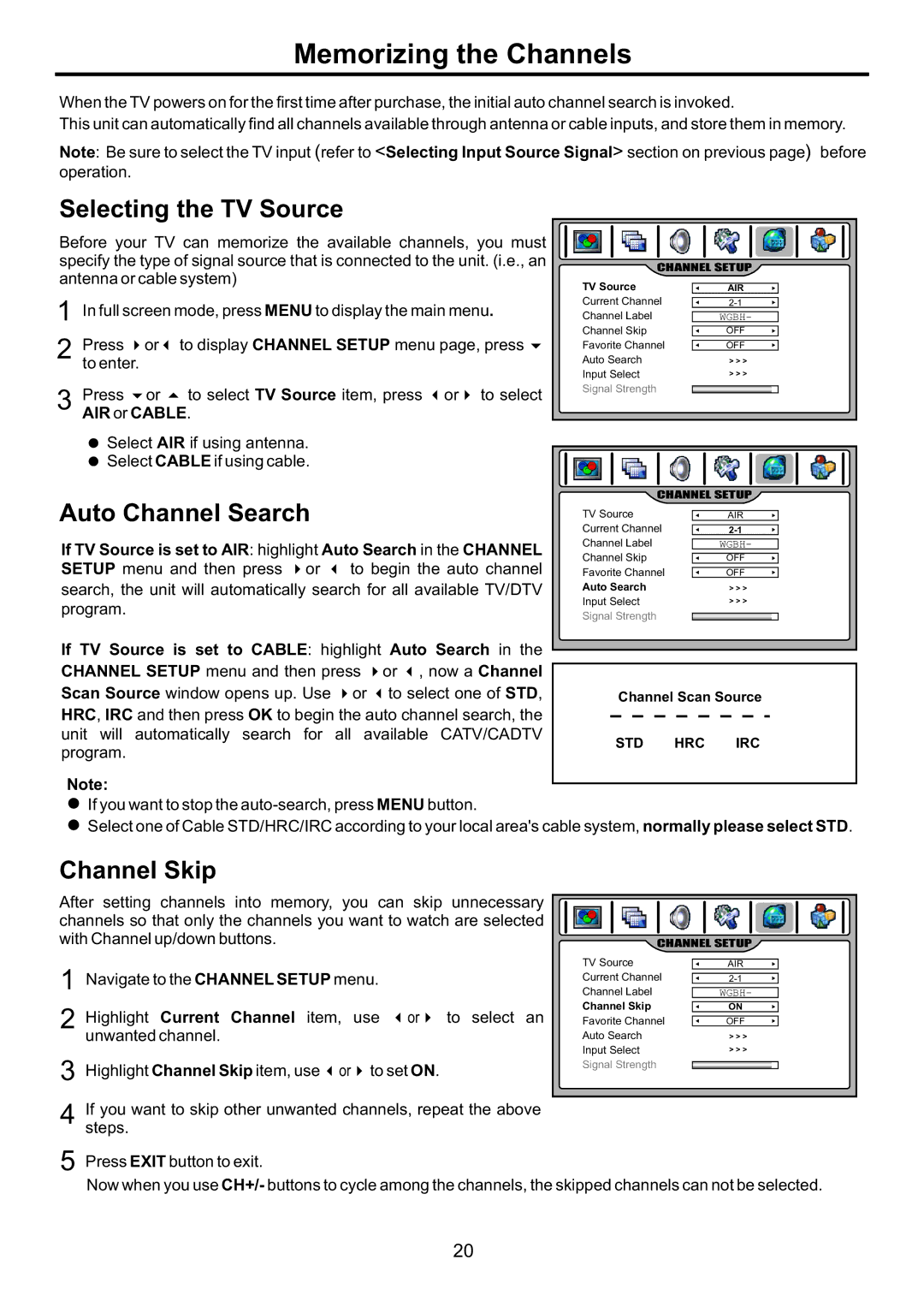 Audiovox FPE3707HR manual Memorizing the Channels, Selecting the TV Source, Auto Channel Search, Channel Skip 