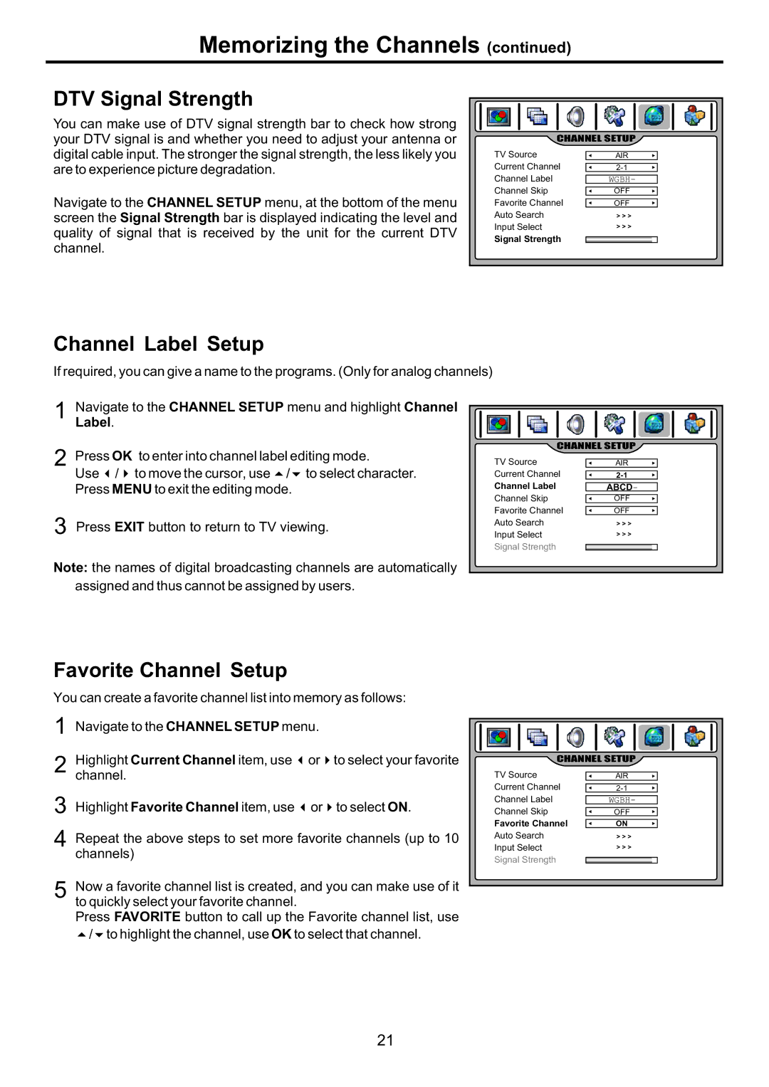 Audiovox FPE3707HR manual DTV Signal Strength, Channel Label Setup, Favorite Channel Setup 