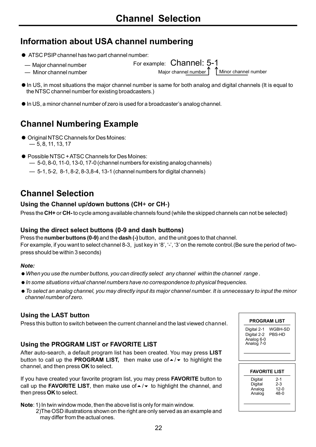 Audiovox FPE3707HR manual Channel Selection, Information about USA channel numbering, Channel Numbering Example 