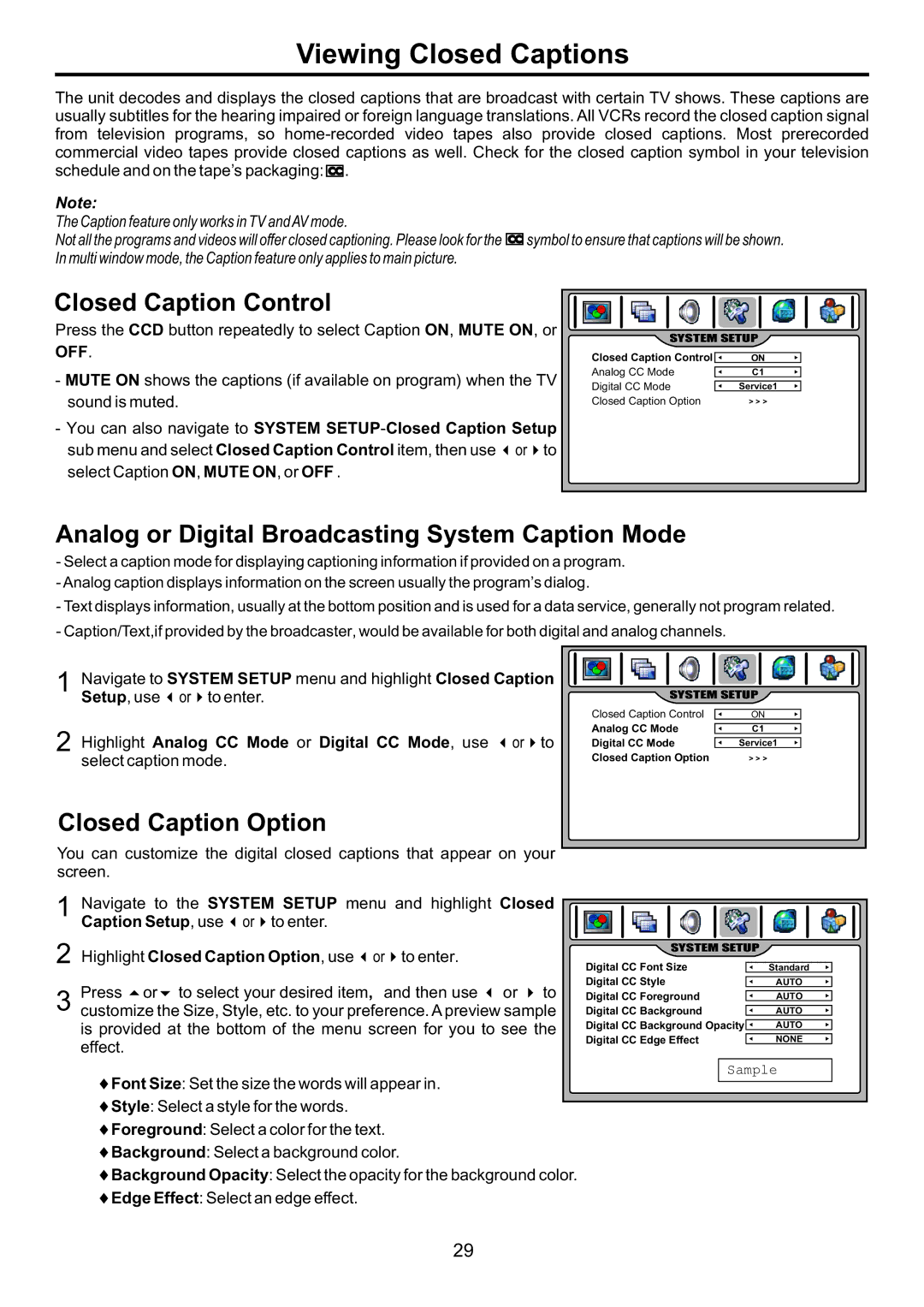 Audiovox FPE3707HR Viewing Closed Captions, Closed Caption Control, Analog or Digital Broadcasting System Caption Mode 