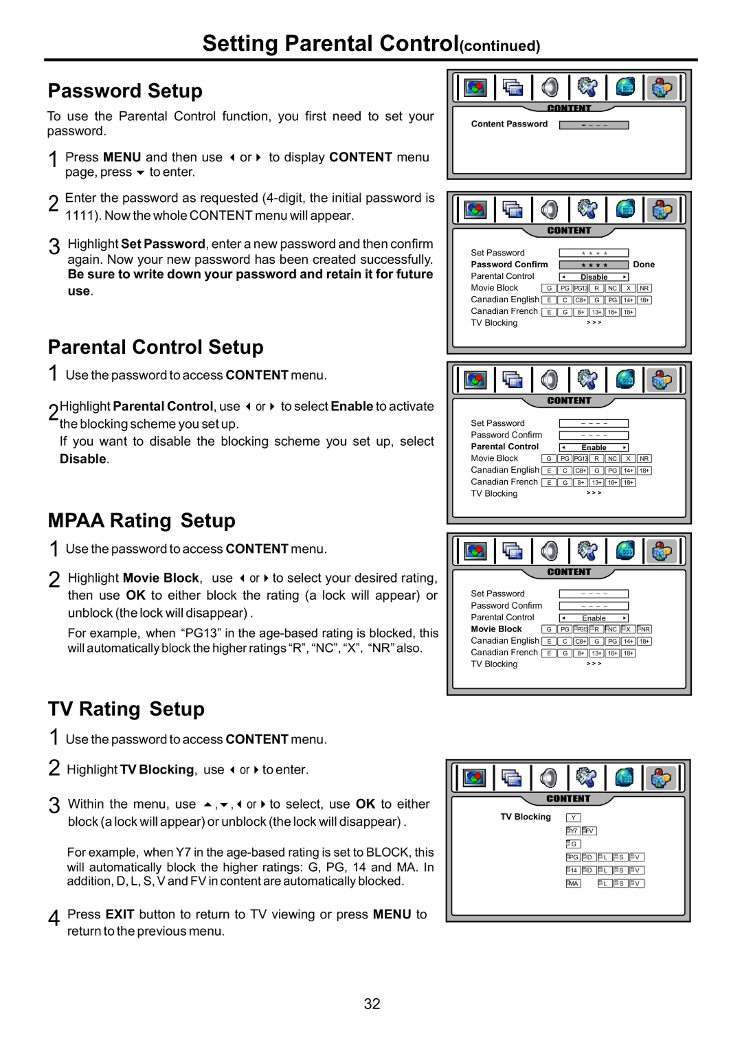 Audiovox FPE3707HR manual Password Setup, Parental Control Setup, Mpaa Rating Setup, TV Rating Setup 