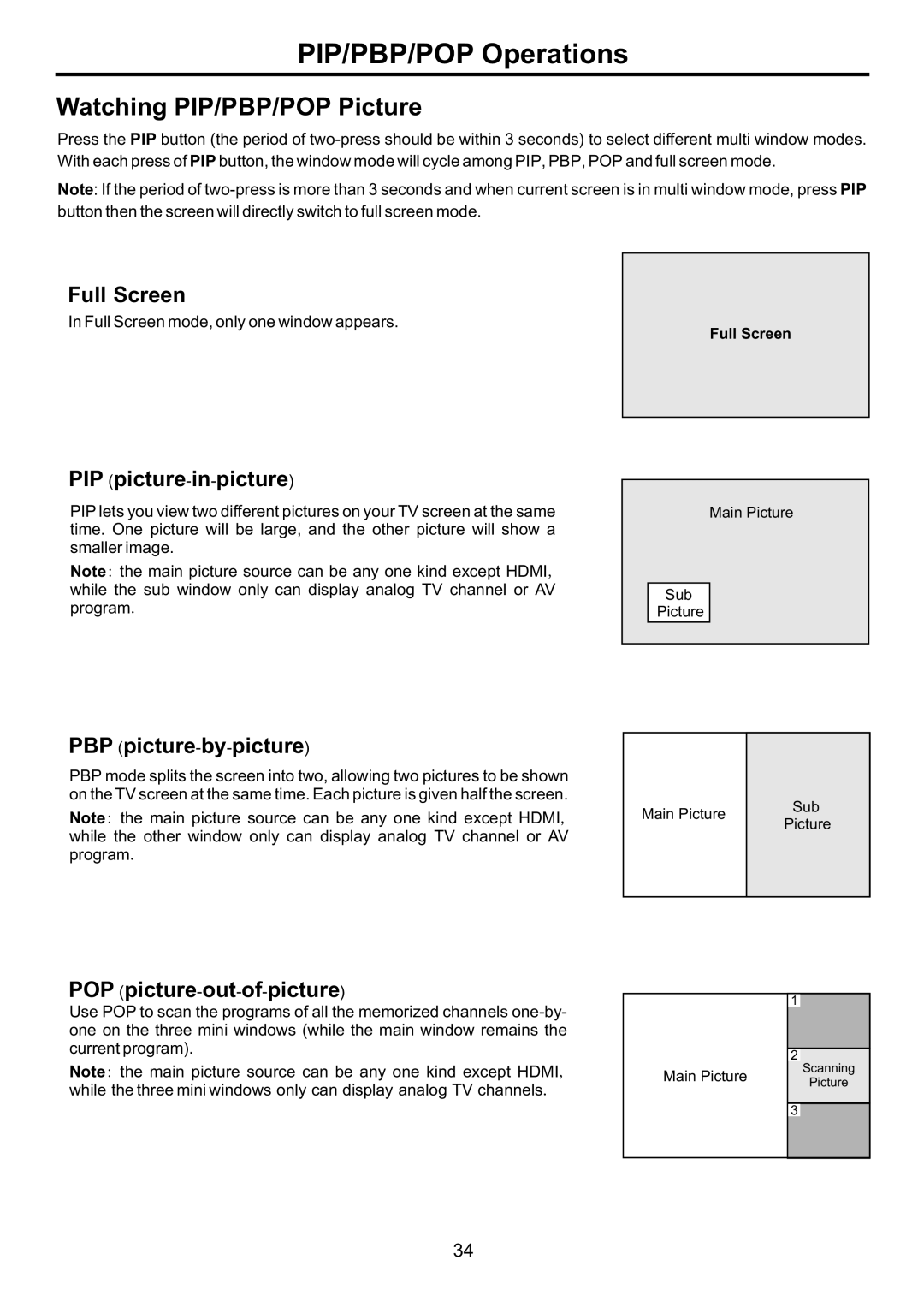 Audiovox FPE3707HR manual PIP/PBP/POP Operations, Watching PIP/PBP/POP Picture 