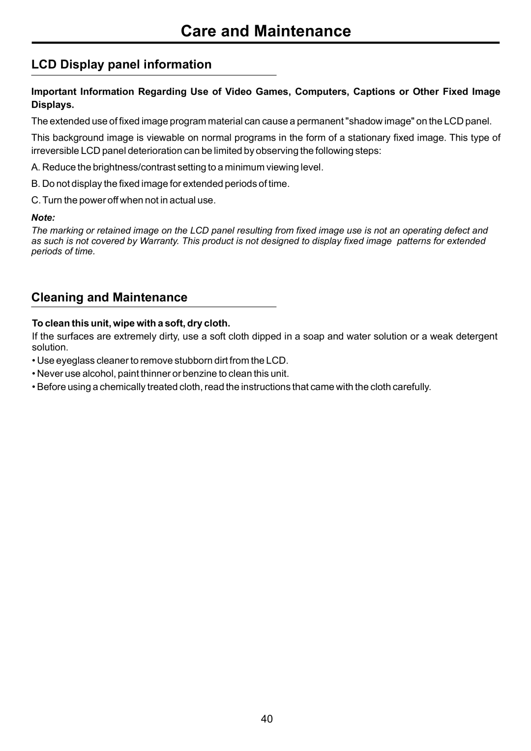 Audiovox FPE3707HR manual Care and Maintenance, LCD Display panel information 