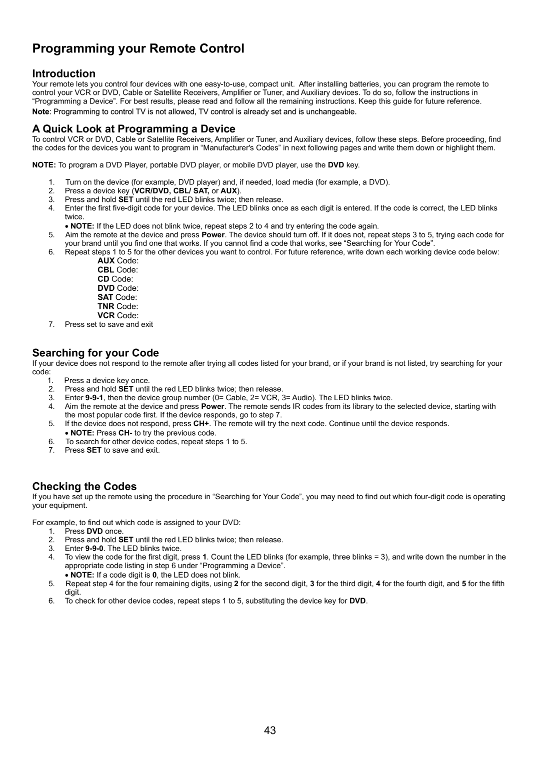 Audiovox FPE3707HR manual Introduction, Quick Look at Programming a Device, Searching for your Code, Checking the Codes 