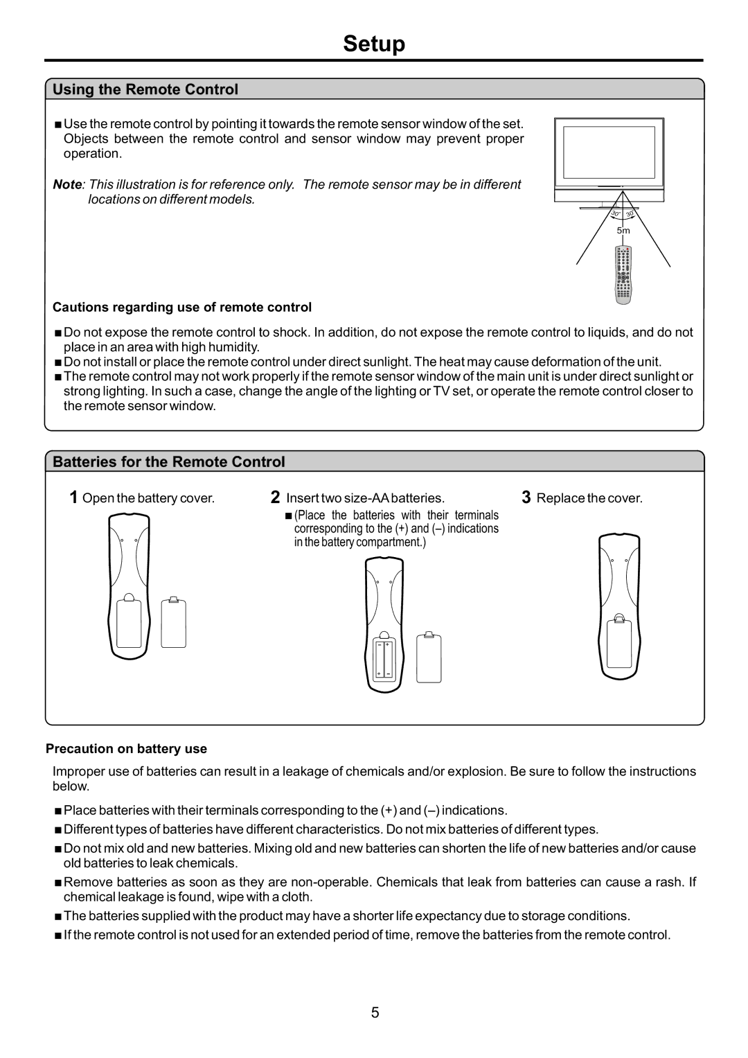 Audiovox FPE3707HR manual Setup, Using the Remote Control, Batteries for the Remote Control, Precaution on battery use 