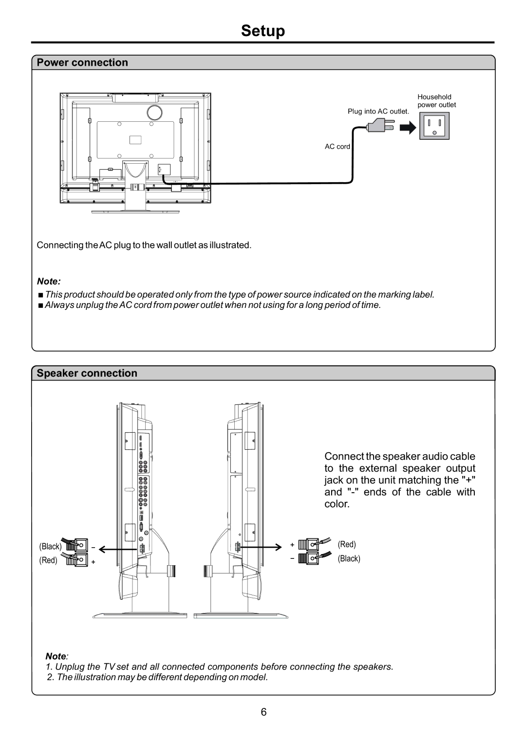 Audiovox FPE3707HR manual Power connection, Speaker connection 