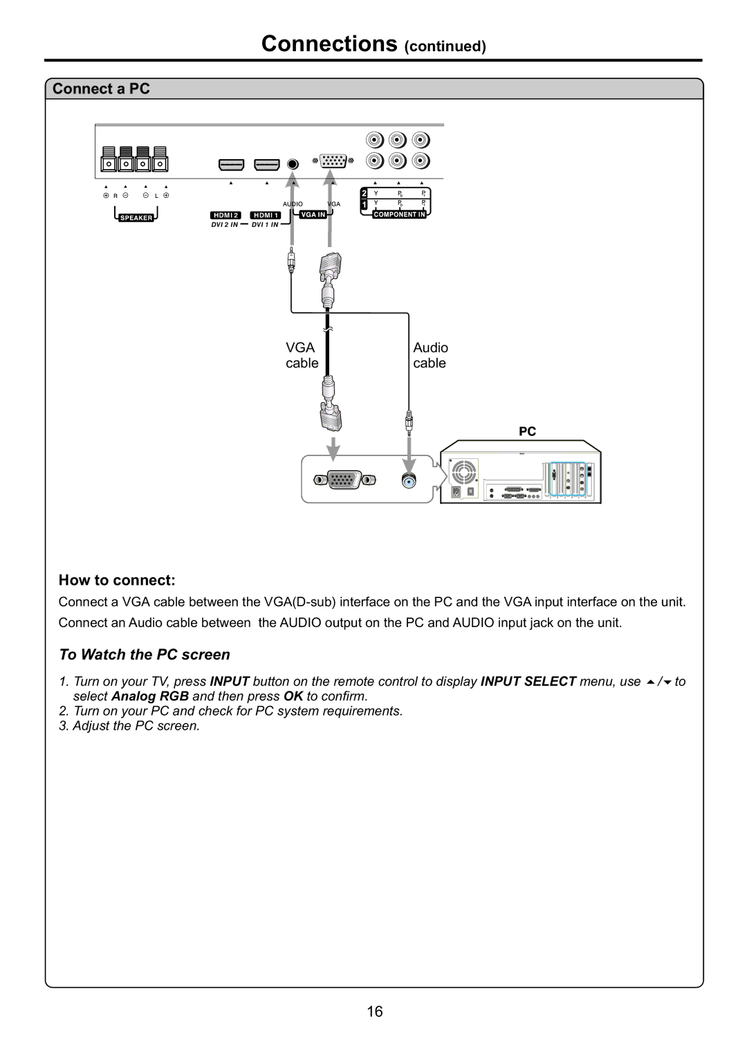 Audiovox FPE4207HR manual Connect a PC, To Watch the PC screen 