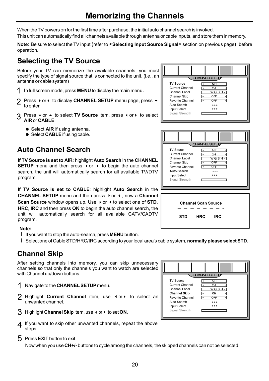 Audiovox FPE4207HR manual Memorizing the Channels, Selecting the TV Source, Auto Channel Search, Channel Skip 