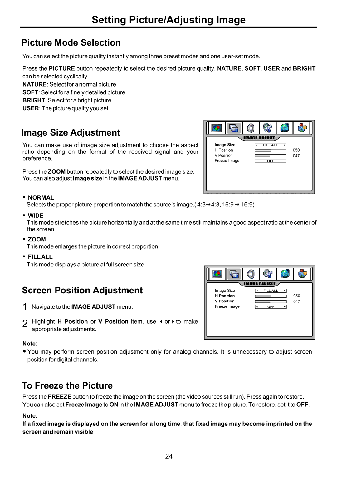 Audiovox FPE4207HR Setting Picture/Adjusting Image, Picture Mode Selection, Image Size Adjustment, To Freeze the Picture 