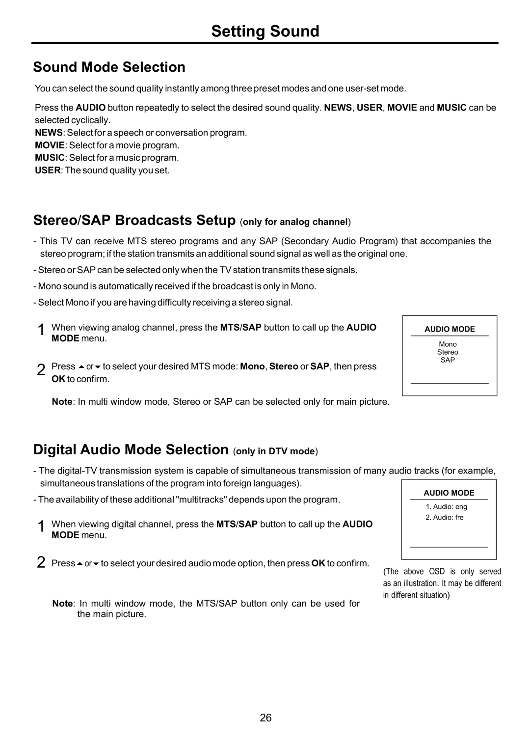 Audiovox FPE4207HR manual Sound Mode Selection, Stereo/SAP Broadcasts Setup only for analog channel, Sap 