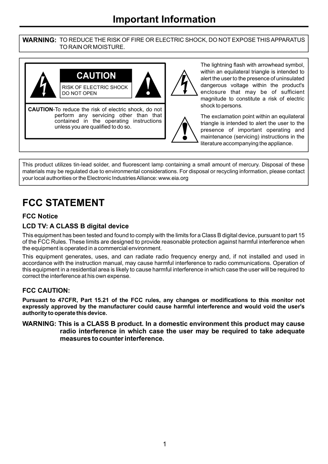 Audiovox FPE4207HR manual Important Information, FCC Notice LCD TV a Class B digital device 