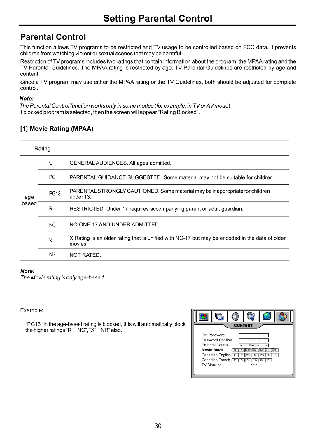 Audiovox FPE4207HR manual Setting Parental Control, Movie Rating Mpaa 