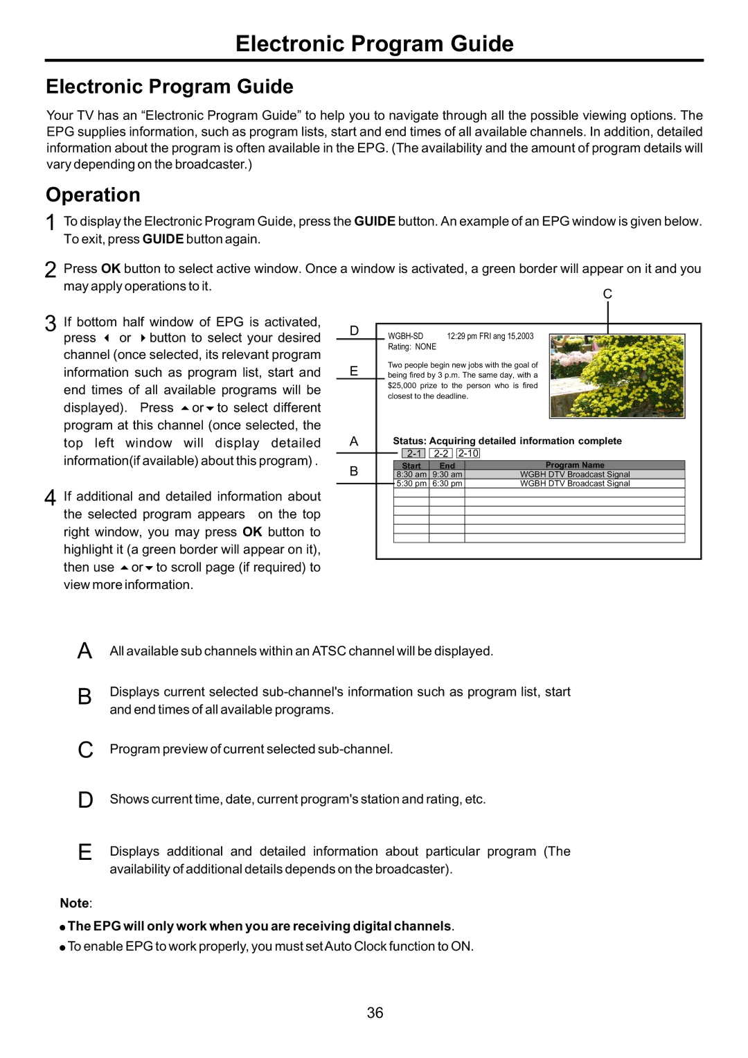 Audiovox FPE4207HR manual Electronic Program Guide, Operation, EPG will only work when you are receiving digital channels 