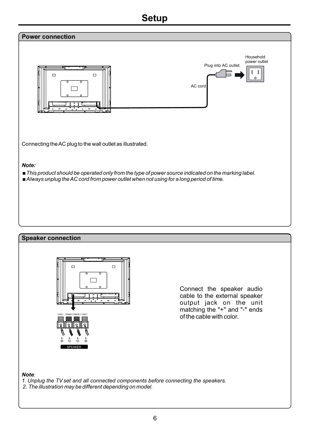 Audiovox FPE4207HR manual Power connection, Speaker connection 