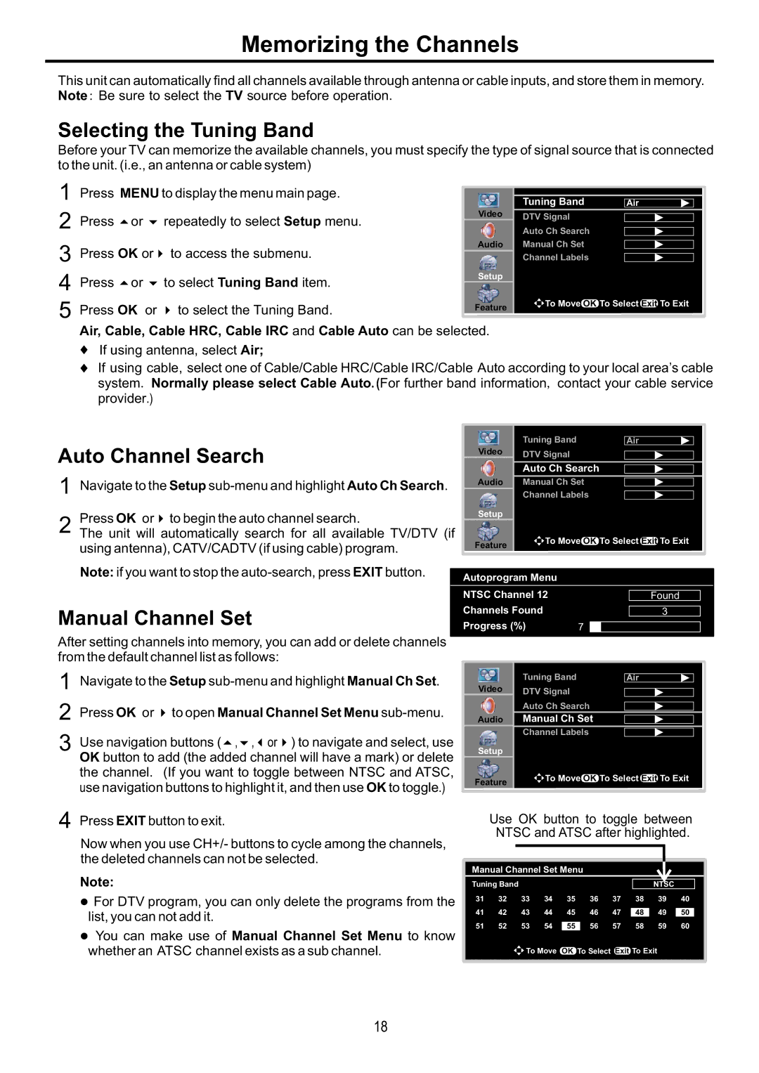 Audiovox FPE4216P manual Memorizing the Channels, Selecting the Tuning Band, Auto Channel Search, Manual Channel Set 