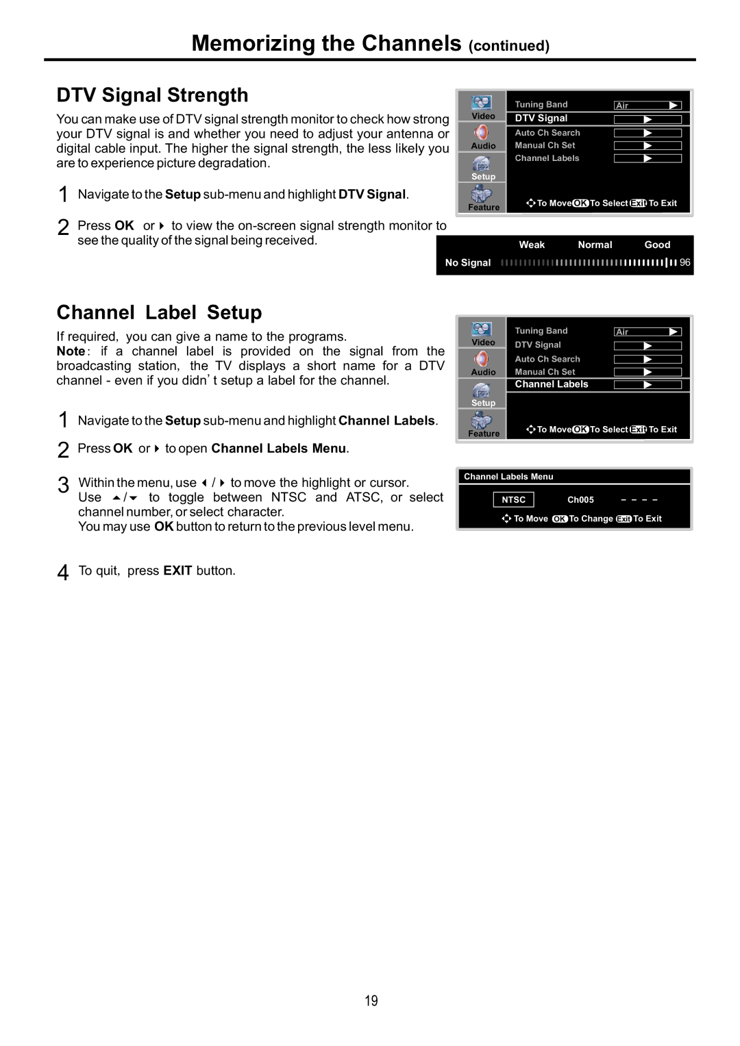 Audiovox FPE4216P manual DTV Signal Strength, Channel Label Setup, Press OK or4to open Channel Labels Menu 