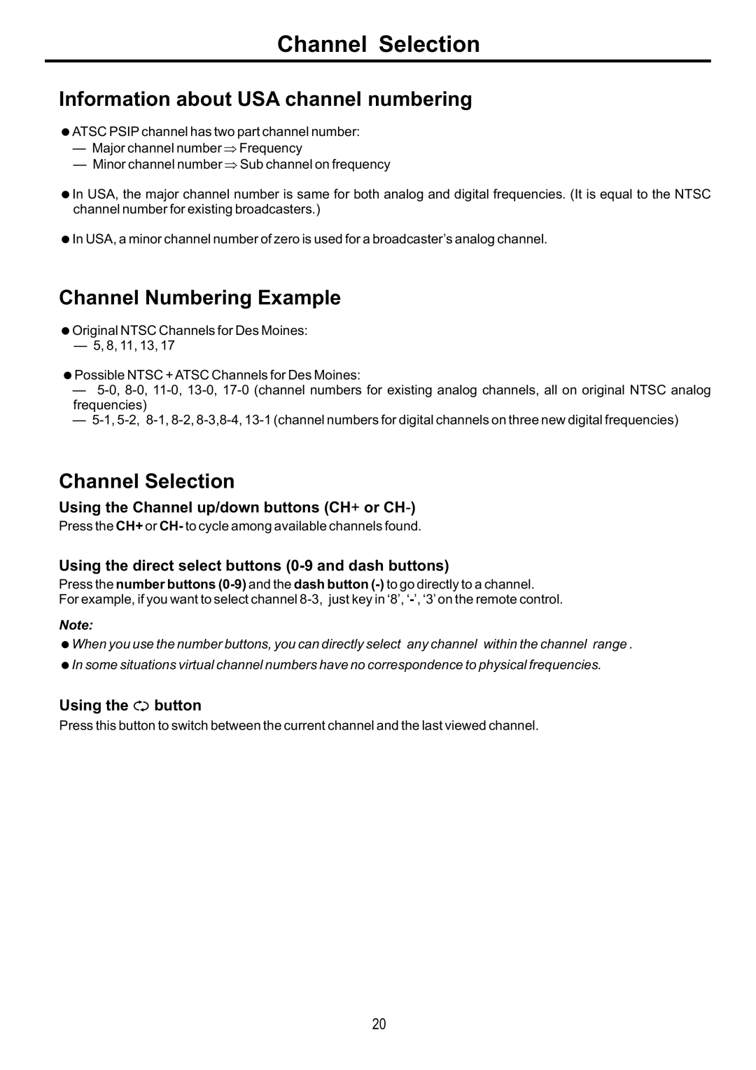 Audiovox FPE4216P manual Channel Selection, Information about USA channel numbering, Channel Numbering Example 