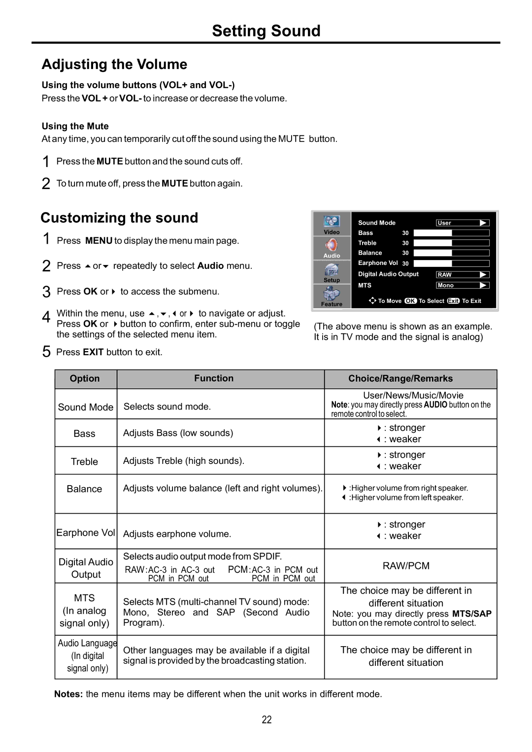 Audiovox FPE4216P manual Setting Sound, Adjusting the Volume, Customizing the sound 