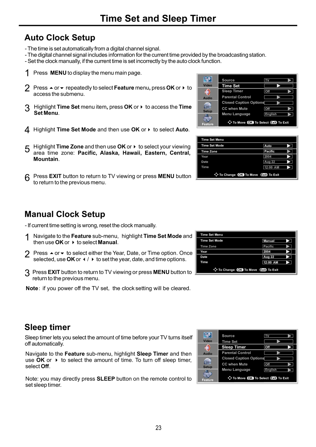 Audiovox FPE4216P manual Time Set and Sleep Timer, Auto Clock Setup, Manual Clock Setup, Sleep timer 