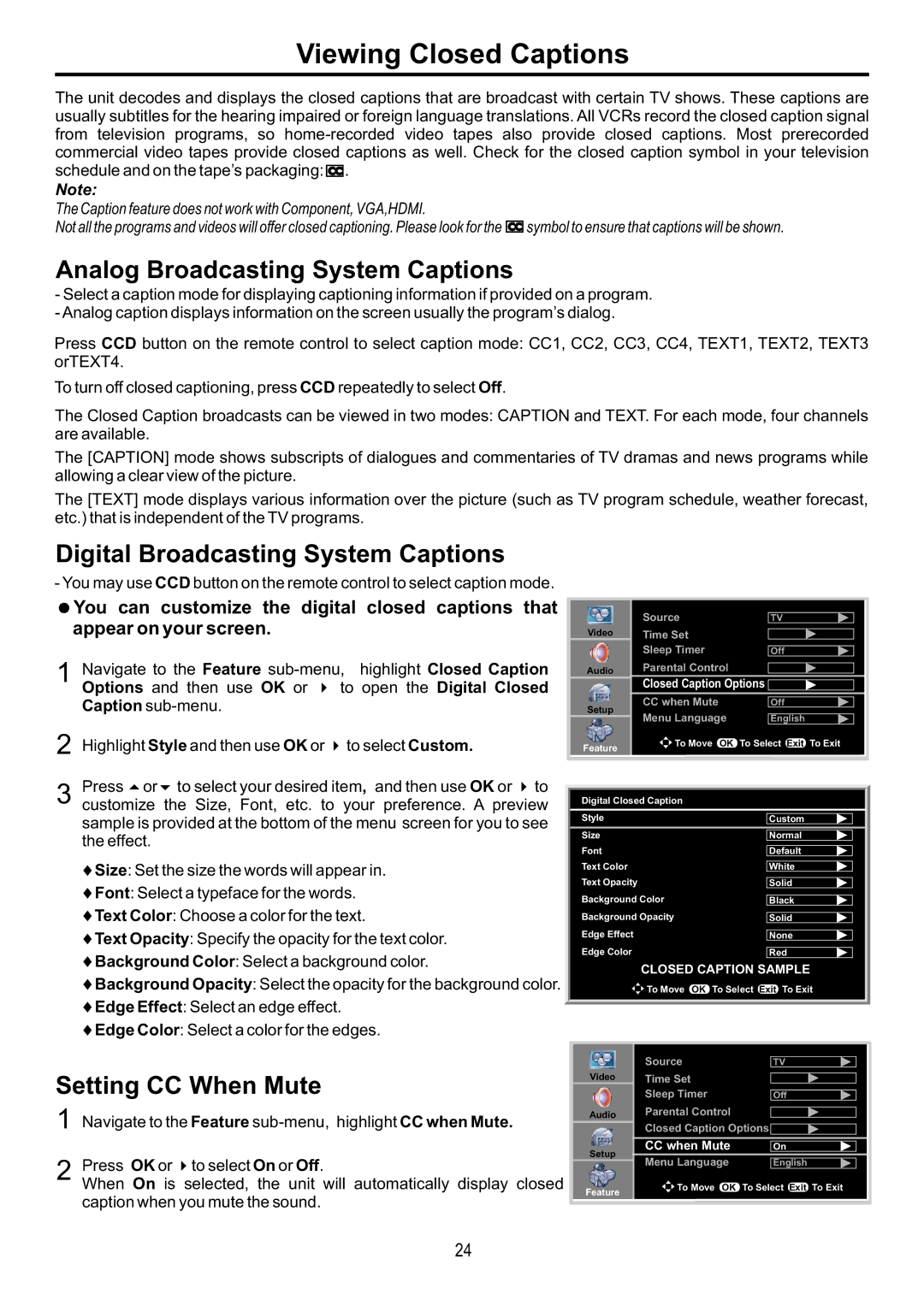 Audiovox FPE4216P manual Viewing Closed Captions, Analog Broadcasting System Captions, Digital Broadcasting System Captions 