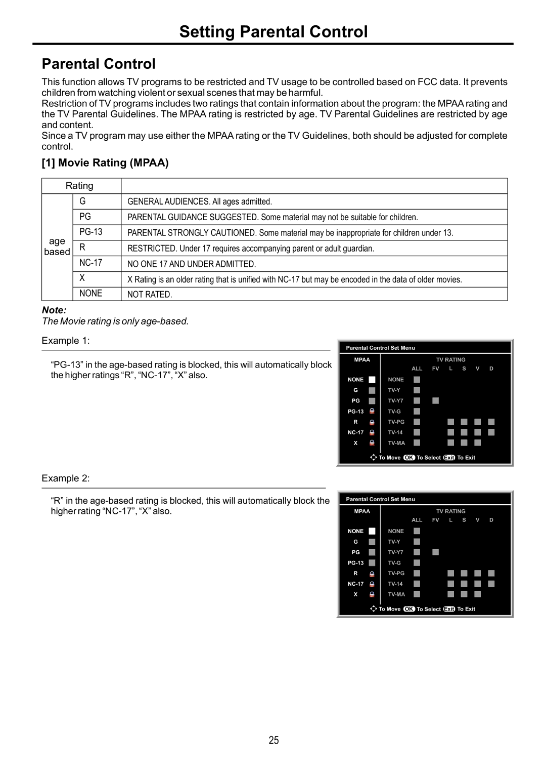 Audiovox FPE4216P manual Setting Parental Control, Movie Rating Mpaa 