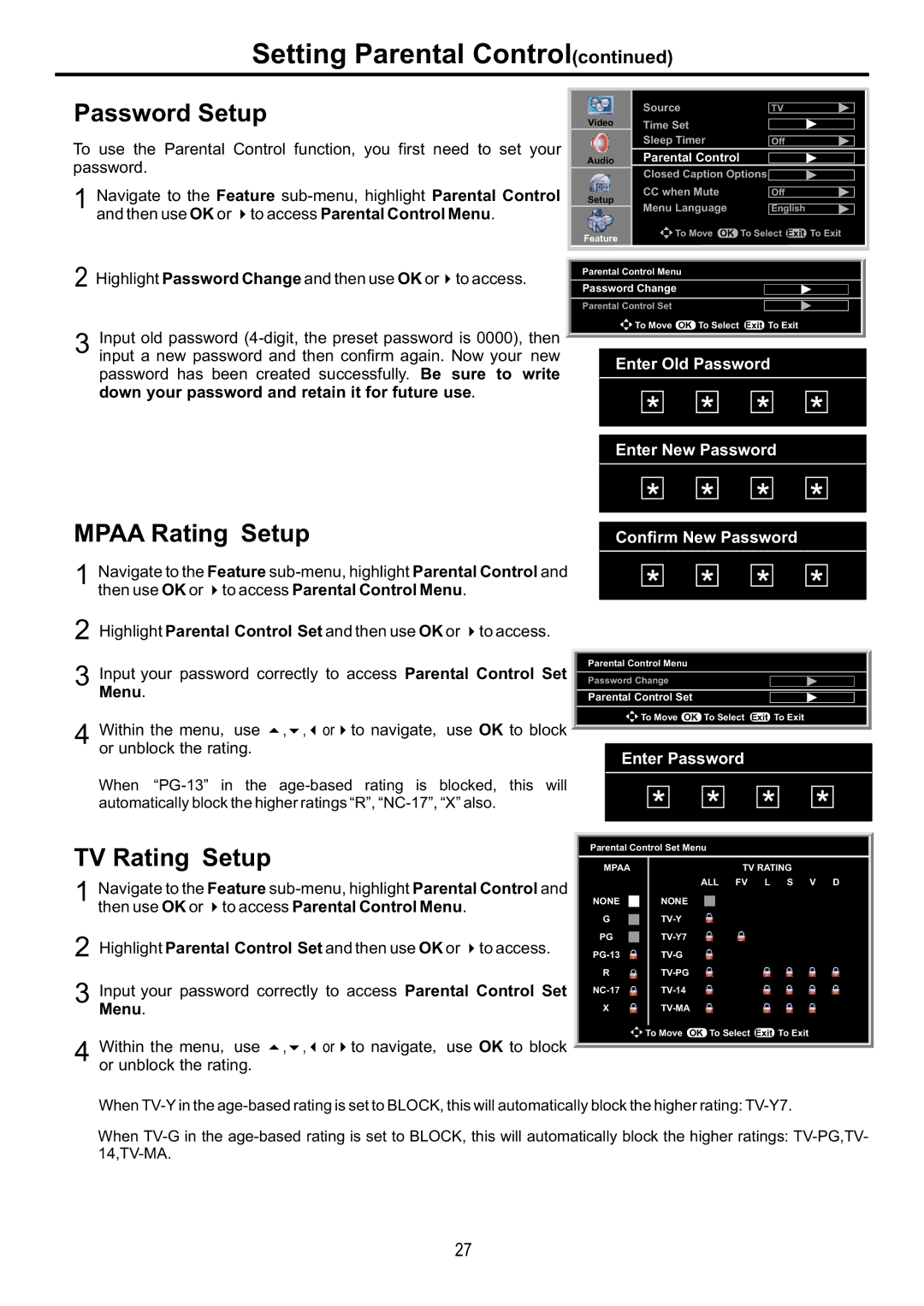 Audiovox FPE4216P manual Password Setup, Mpaa Rating Setup, TV Rating Setup 