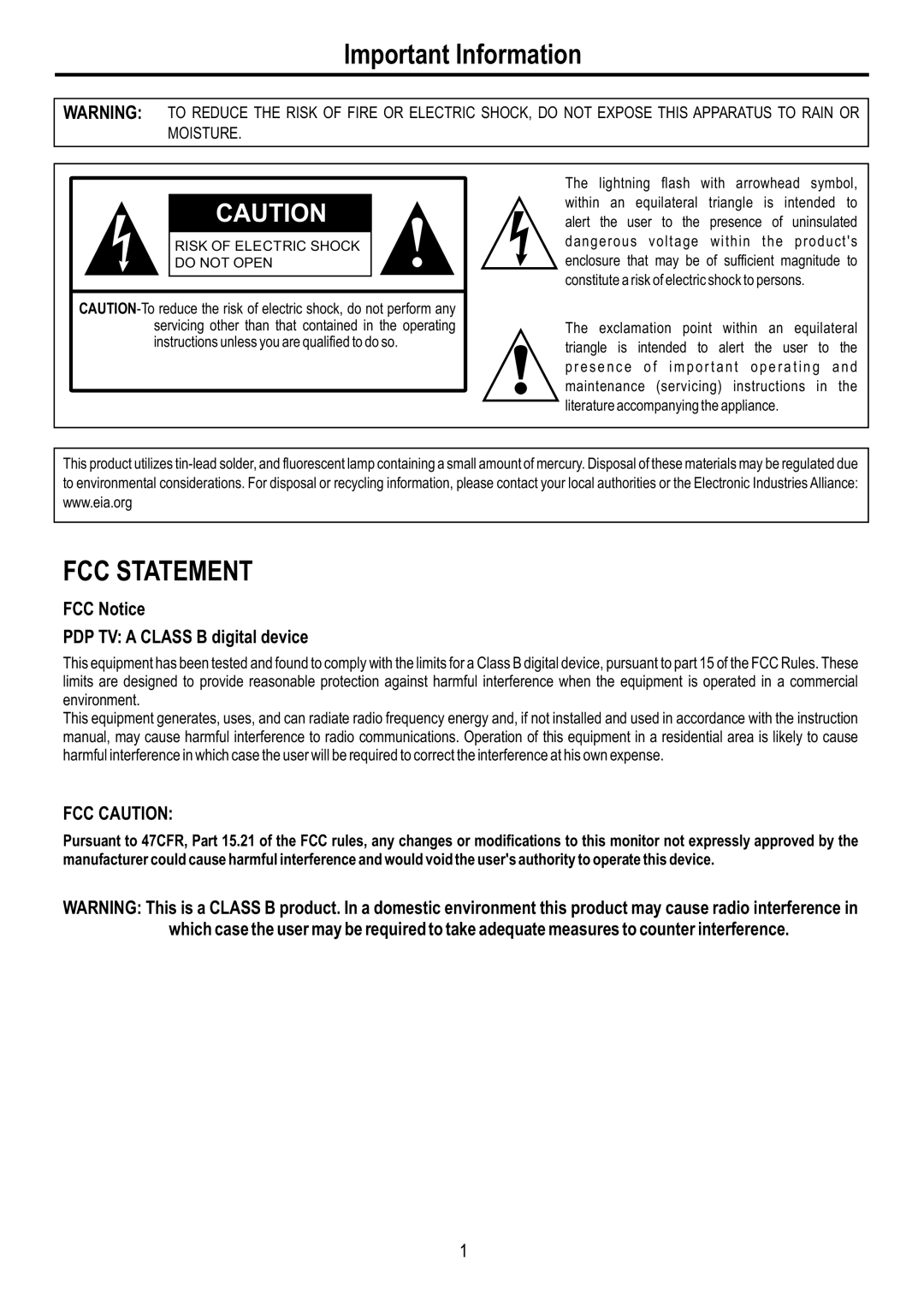 Audiovox FPE4216P manual Important Information, FCC Notice PDP TV a Class B digital device 