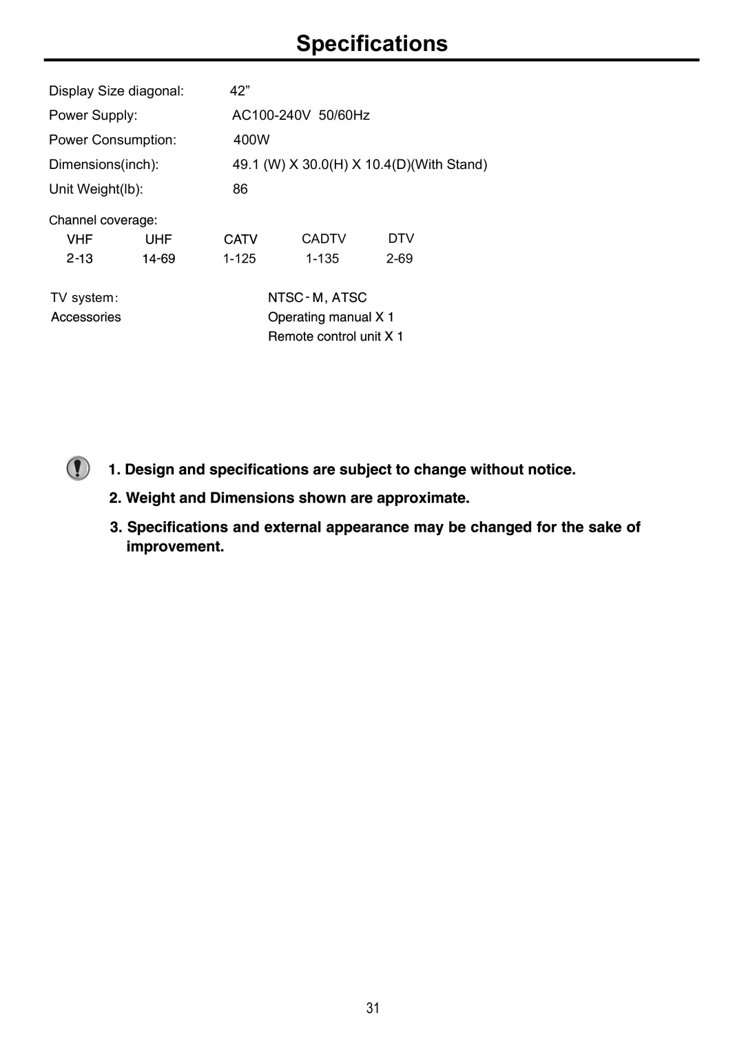 Audiovox FPE4216P manual Specifications, 125 135 TV system 