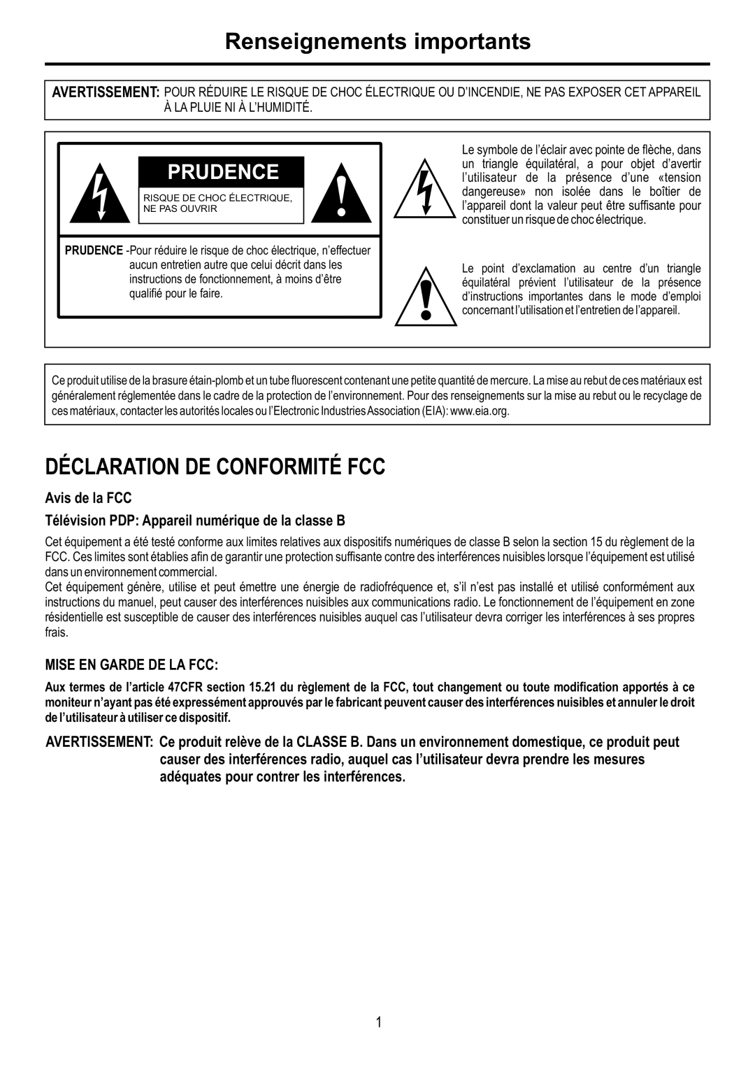 Audiovox FPE4216P manual Renseignements importants, Prudence 