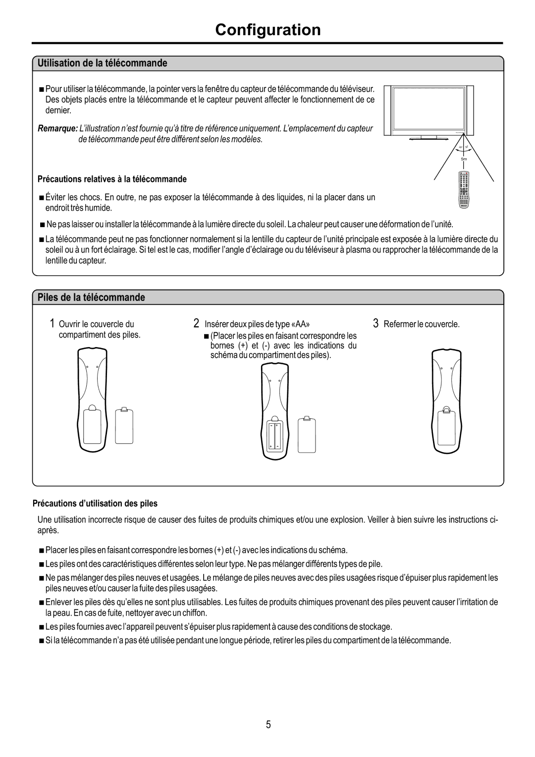 Audiovox FPE4216P manual Configuration, Utilisation de la télécommande, Piles de la télécommande 