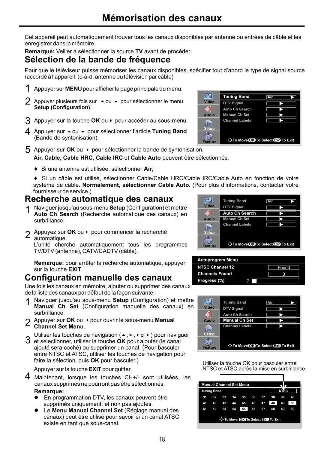 Audiovox FPE4216P manual Mémorisation des canaux, Sélection de la bande de fréquence, Recherche automatique des canaux 