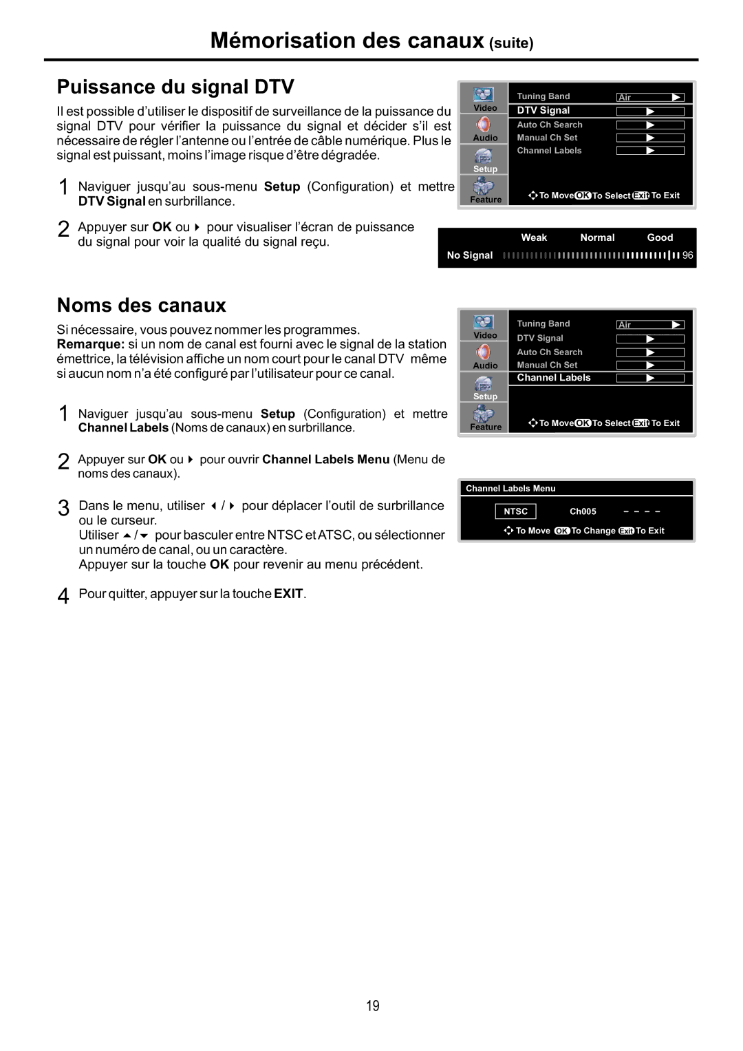 Audiovox FPE4216P manual Mémorisation des canaux suite, Puissance du signal DTV, Noms des canaux 