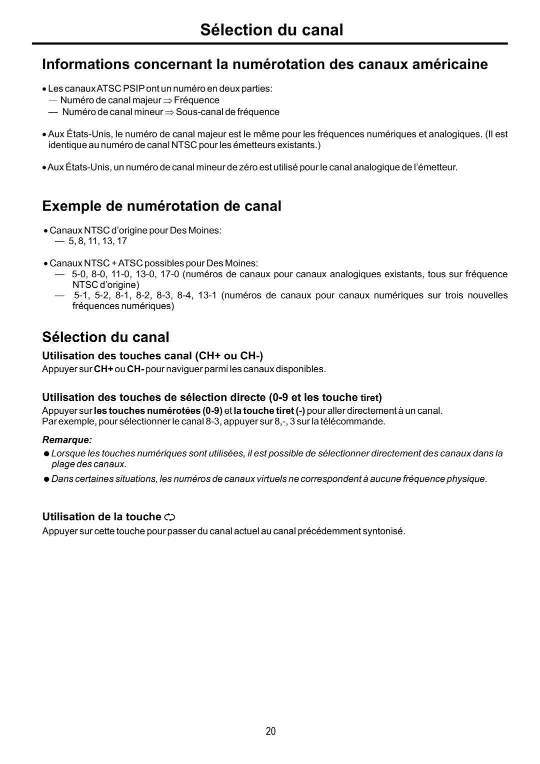 Audiovox FPE4216P manual Sélection du canal, Exemple de numérotation de canal, Utilisation des touches canal CH+ ou CH 