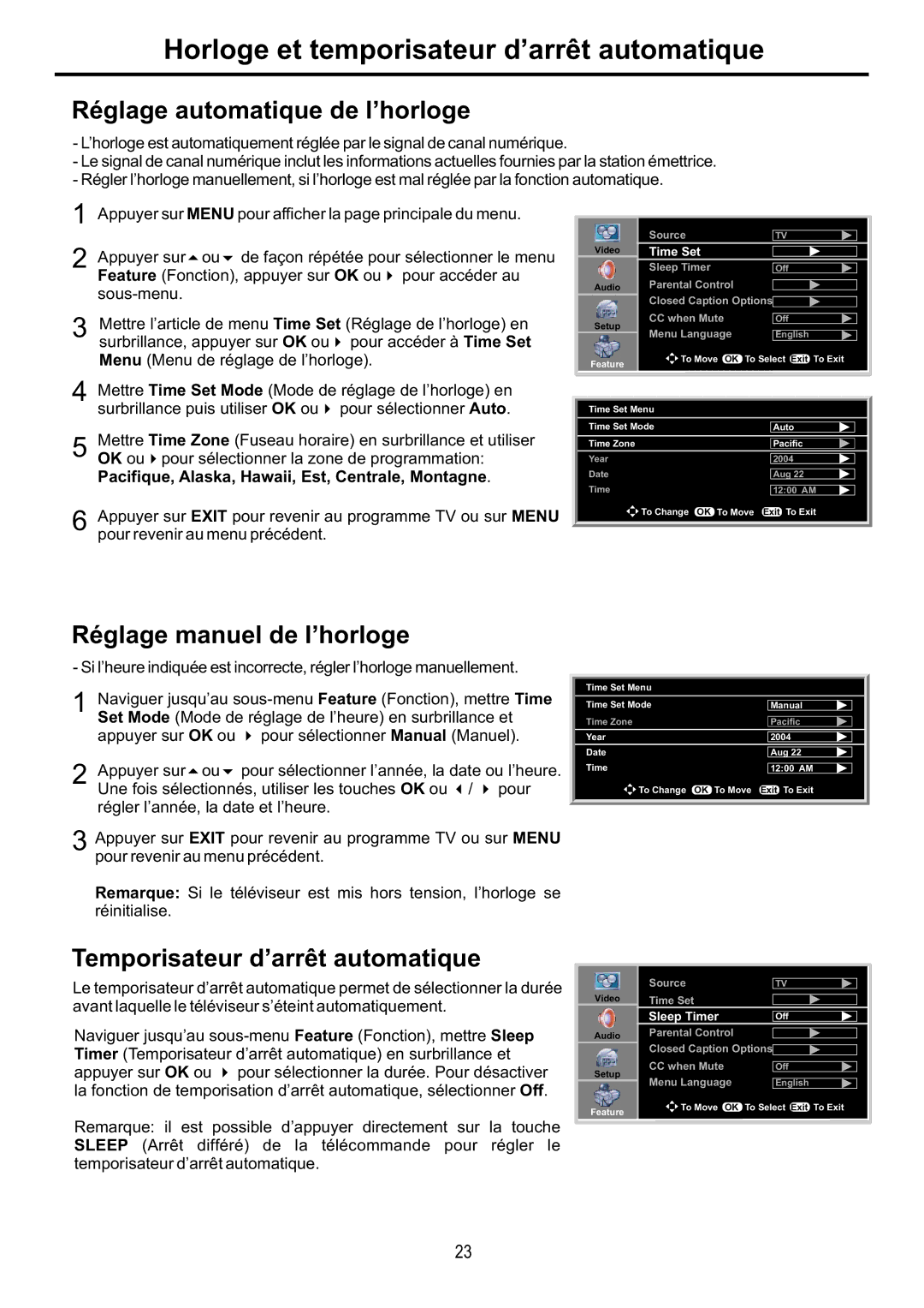 Audiovox FPE4216P manual Horloge et temporisateur d’arrêt automatique, Réglage automatique de l’horloge 