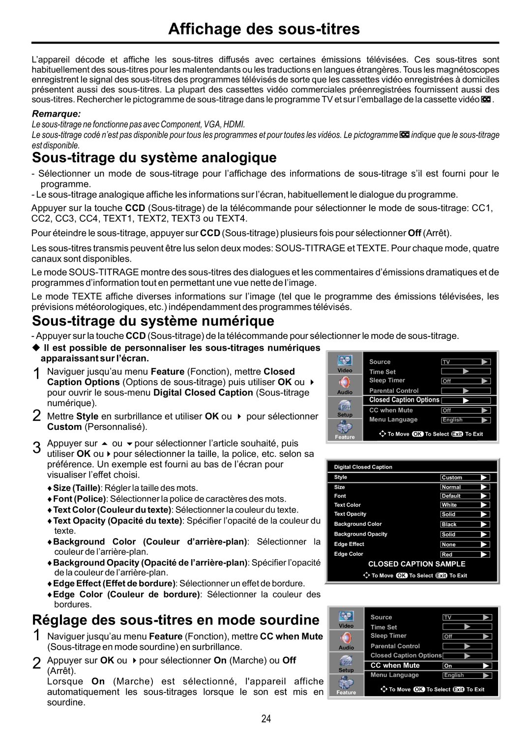 Audiovox FPE4216P manual Affichage des sous-titres, Sous-titrage du système analogique, Sous-titrage du système numérique 