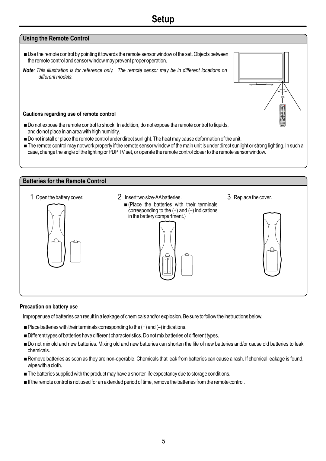 Audiovox FPE4216P manual Setup, Using the Remote Control, Batteries for the Remote Control, Precaution on battery use 