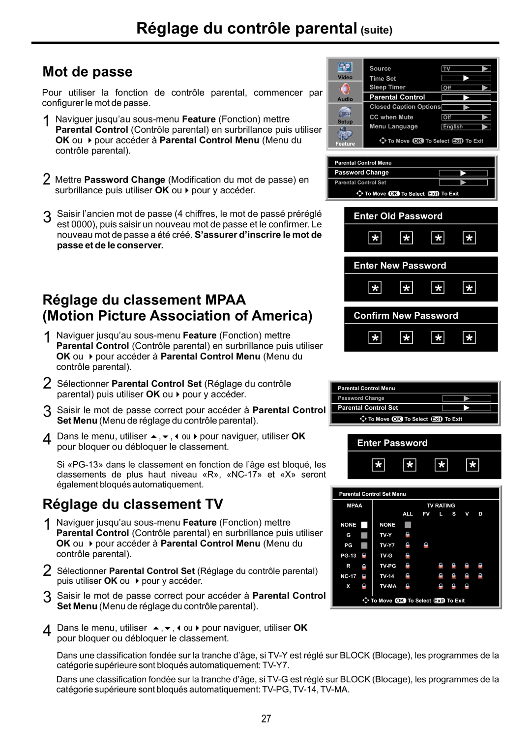 Audiovox FPE4216P manual Mot de passe, Réglage du classement Mpaa, Motion Picture Association of America 