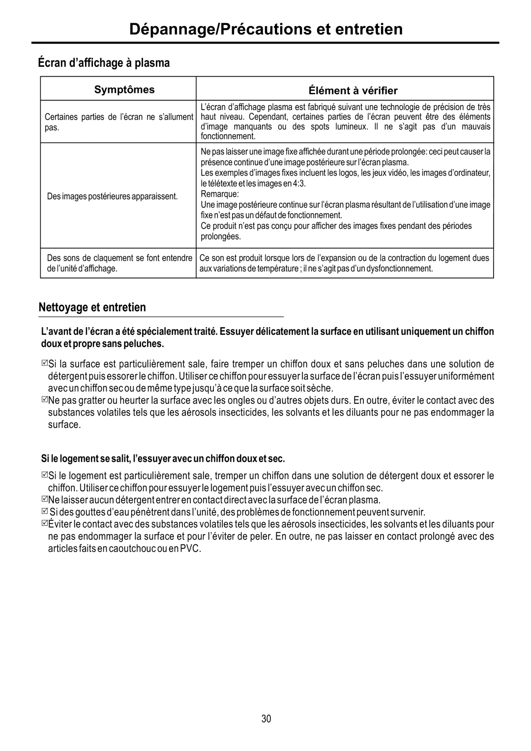 Audiovox FPE4216P manual Dépannage/Précautions et entretien, Symptômes Élément à vérifier 