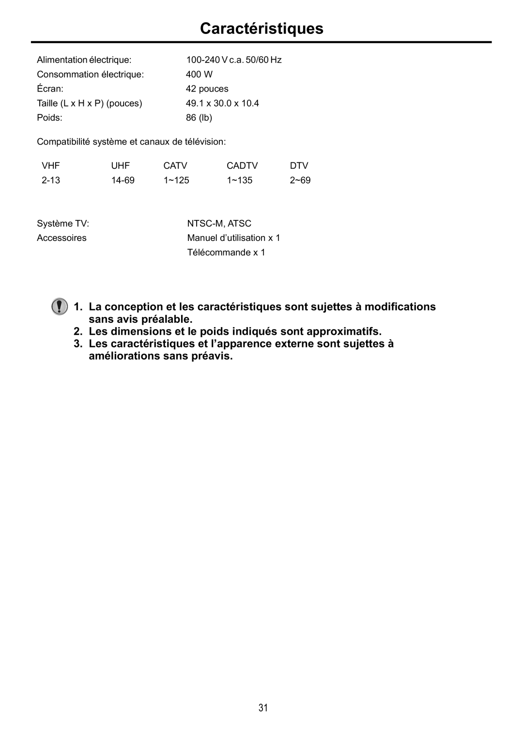 Audiovox FPE4216P manual Caractéristiques, Alimentation électrique, 14-69 ~125 ~135, Système TV 