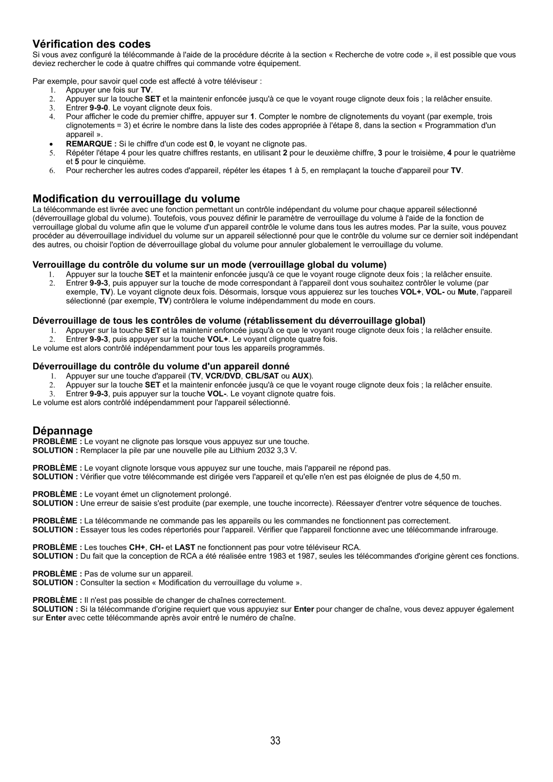 Audiovox FPE4216P manual Vérification des codes, Modification du verrouillage du volume, Dépannage 